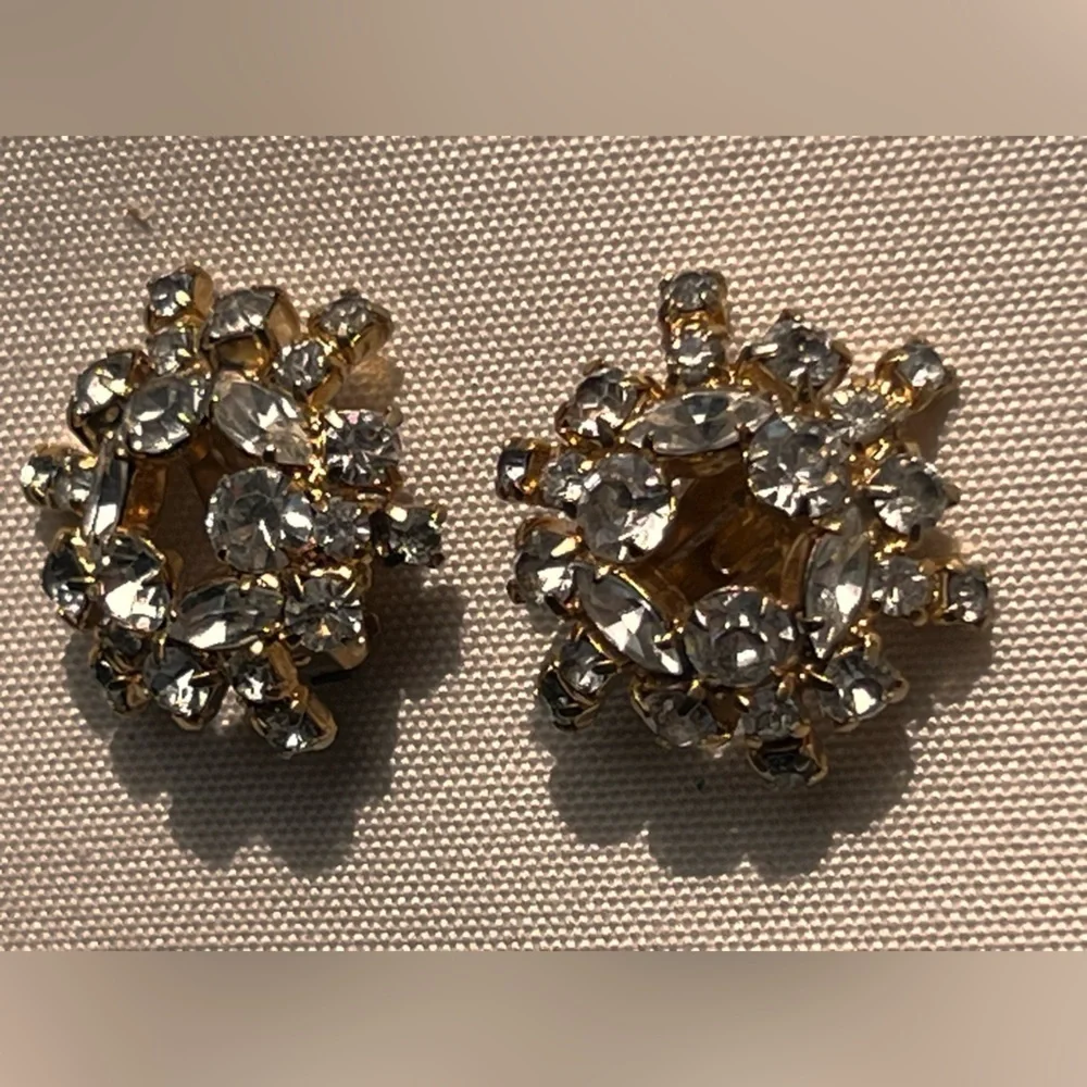 Kramer New York  1950's Gold Plated Brass Filagree  Earrings with Rhinestone